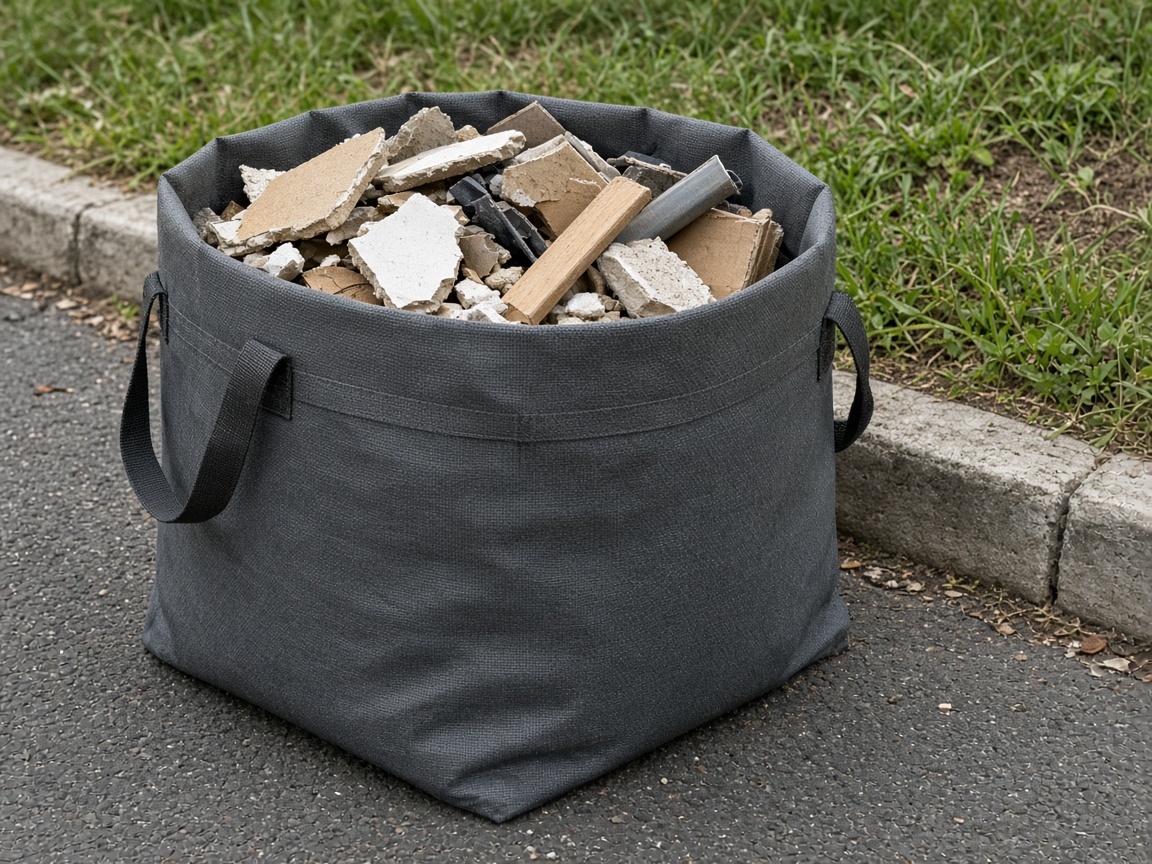 Filled junk bag at a driveway edge